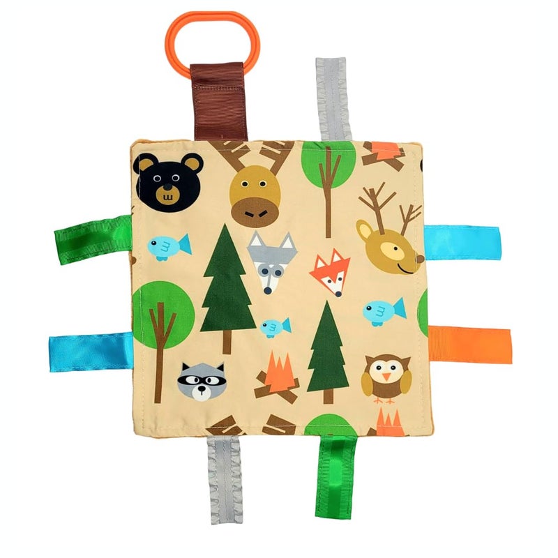 The Learning Lovey Baby Jack & Co 8x8” Forest Woodland Animal Lovey Tag Toys for Babies - Crinkle Toys for Developing 5 Senses - Soft & Safe - Learn Shapes & Colors - Soother & Tummy Time - BPA Free w/Stroller Clip - Image 1