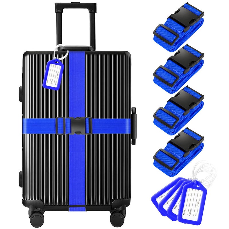 Gostwo 8 Pack Luggage Straps and Tags Set 4 Straps 4 Tags Luggage Straps for Suitcases TSA Approved Suitcase Belt Luggage Tags Blue - Image 2