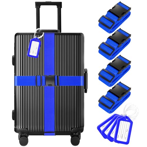 Gostwo 8 Pack Luggage Straps and Tags Set 4 Straps 4 Tags Luggage Straps for Suitcases TSA Approved Suitcase Belt Luggage Tags Blue - Image 1