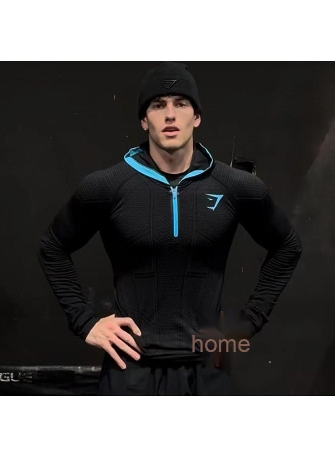 GYMSHARK Men's Long Sleeve Autumn Winter Classic Superhero Quick-Dry Stretch Hooded Half-Zip Training Top