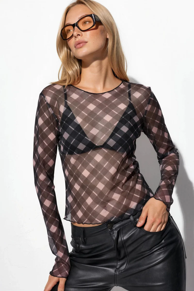 Hiccup Black Patterned Long Sleeve Sheer Blouse for Women | Best Price UAE
