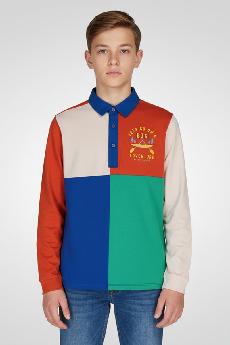Hamleys Kids Boy Spread Collar Long Sleeve Colorblock Polo Shirt, Multicolor - Image 1