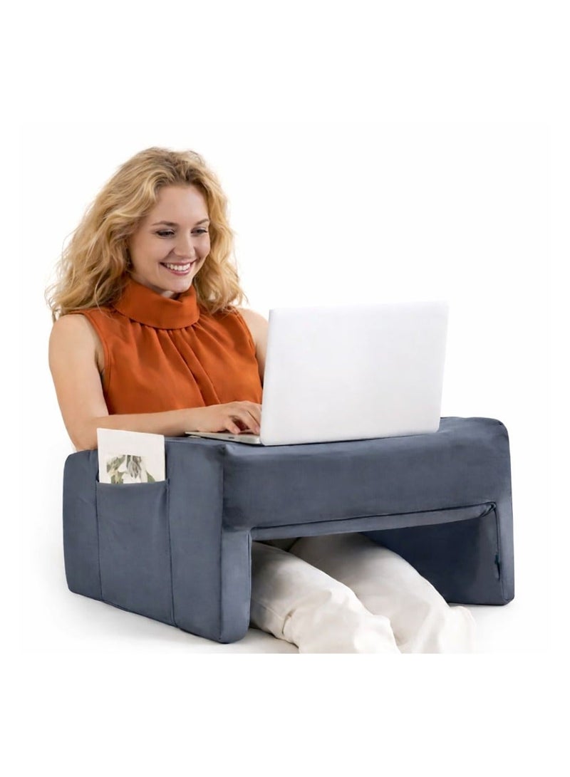 بلش وسادة القراءة القطيفة للألعاب وسادة مكتب لينة اللفة لأجهزة الكمبيوتر المحمول حضن كبيرة وسادة مع جيب حامل أكواب في نهاية المطاف الراحة مكتب الكمبيوتر المحمول للسرير أريكة سيارة متعددة الاستخدامات وسائد القراءة الكبار رمادي - Image 4