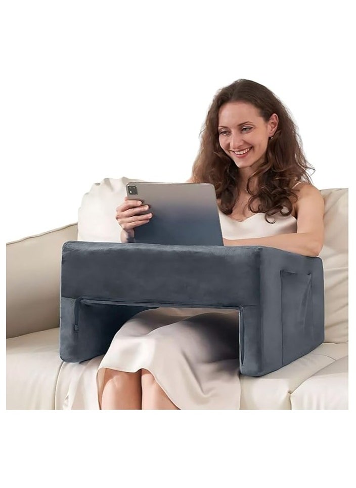 Plush Plush Reading Pillow for Gaming Soft lap Desk Pillow for laptop large lap Pillow with cup holder pocket ultimate comfort laptop lap desk for bed couch car versatile reading pillows adult Grey  - Image 1