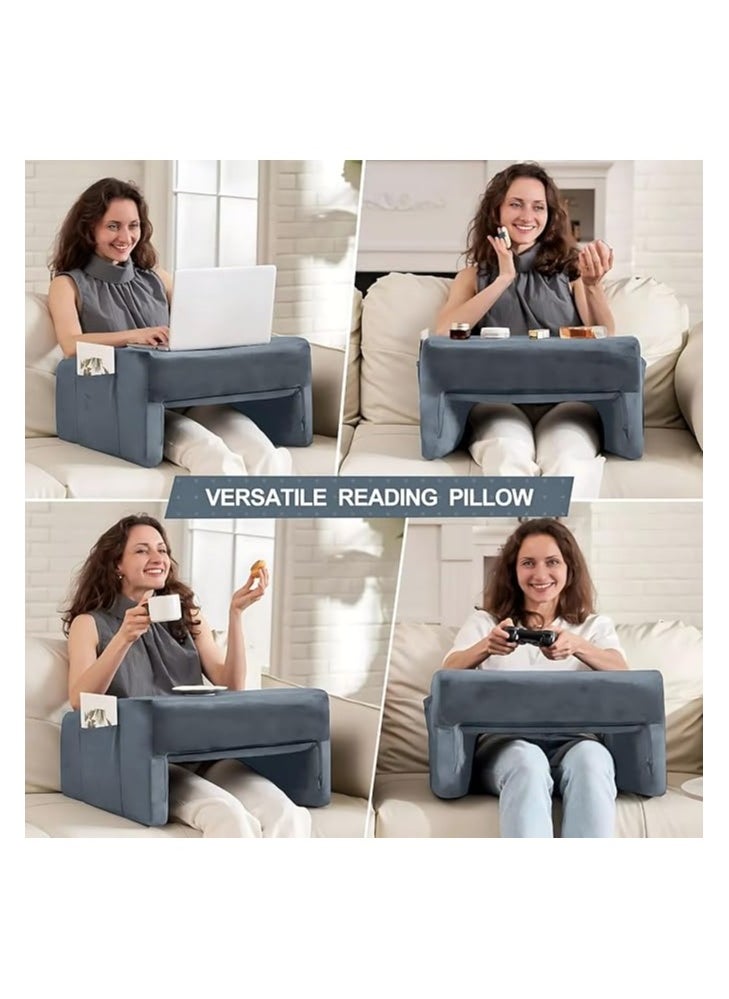 Plush Plush Reading Pillow for Gaming Soft lap Desk Pillow for laptop large lap Pillow with cup holder pocket ultimate comfort laptop lap desk for bed couch car versatile reading pillows adult Grey  - Image 3