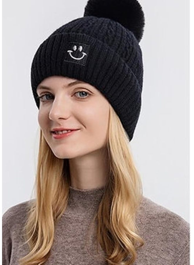 CaserBay CB Women's Fur Pom Beanie (2-Pack) – Thick Fleece-Lined Knit Winter Hat with Cute Smiley Face (Warm Knitted Cap) - Image 5