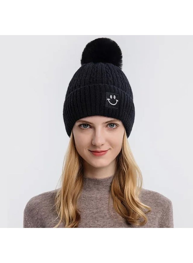 CaserBay CB Women's Fur Pom Beanie (2-Pack) – Thick Fleece-Lined Knit Winter Hat with Cute Smiley Face (Warm Knitted Cap) - Image 3