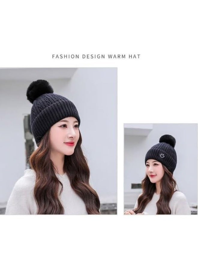CaserBay CB Women's Fur Pom Beanie (2-Pack) – Thick Fleece-Lined Knit Winter Hat with Cute Smiley Face (Warm Knitted Cap) - Image 2