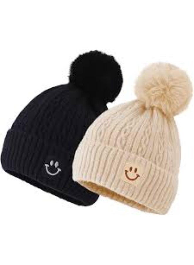 CaserBay CB Women's Fur Pom Beanie (2-Pack) – Thick Fleece-Lined Knit Winter Hat with Cute Smiley Face (Warm Knitted Cap) - Image 1