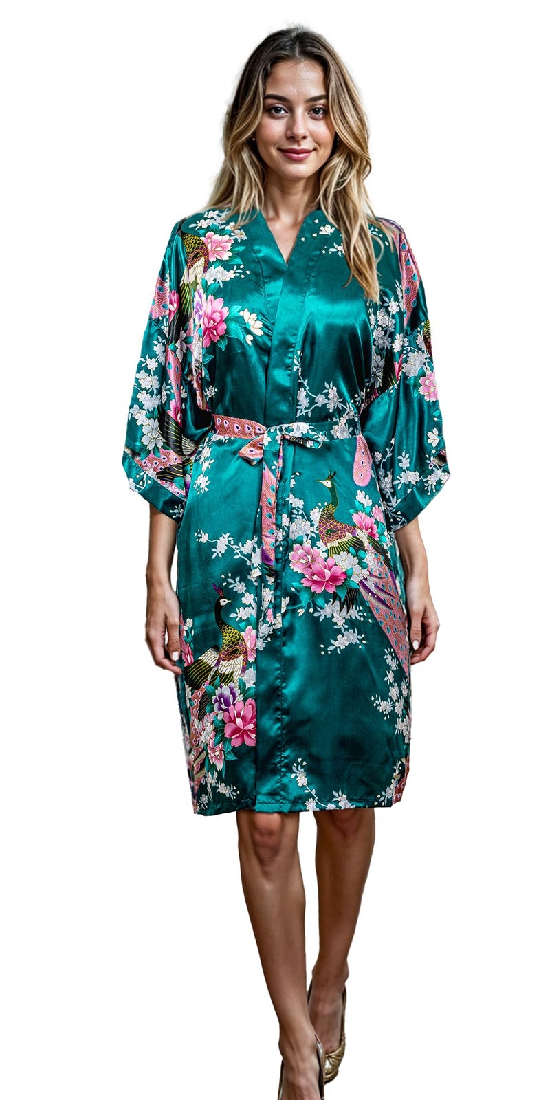 CCcollections Kimono robe long 16 colors PREMIUM Peacock bridesmaid bridal shower womens gift (Green Dark) - Image 5