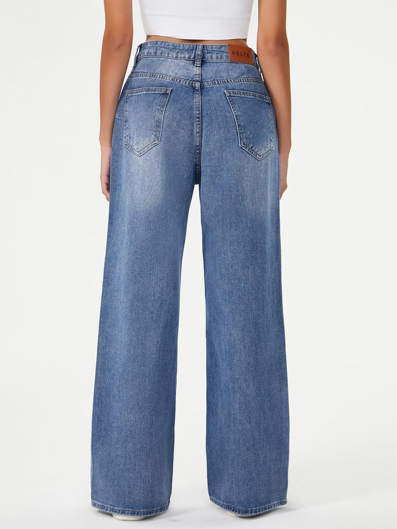HDLTE Women's High Waist Baggy Boyfriend Jeans - Wide Leg Loose Denim Pants with Pockets(Blue,Small) - Image 2