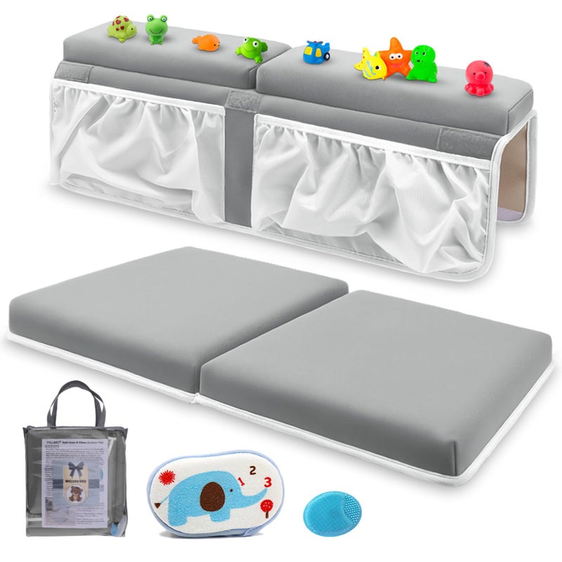 Yalumo Bath Kneeler and Elbow Rest Pad Set for Baby Bathtub, Thick Non-Slip Bathing Kneeling Mat Cushion Quick Drying Bathtub Knee Saver with Arm Support and Pockets for Bathroom Bathing time Comfort, Gray - Image 1