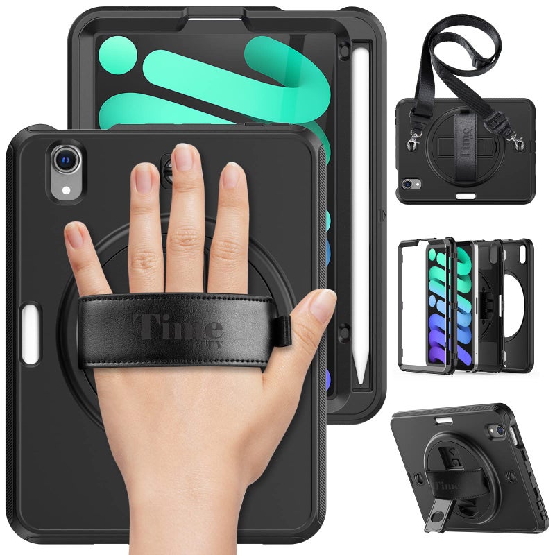 Timecity Case for iPad mini 7 (A17 Pro) 2024/ Mini 6 8.3'' - Heavy Duty Protective Cover with Screen Protector, Rotating Stand, Shoulder Strap & Pencil Holder, Case for iPad mini 7th/6th Gen Black - Image 1