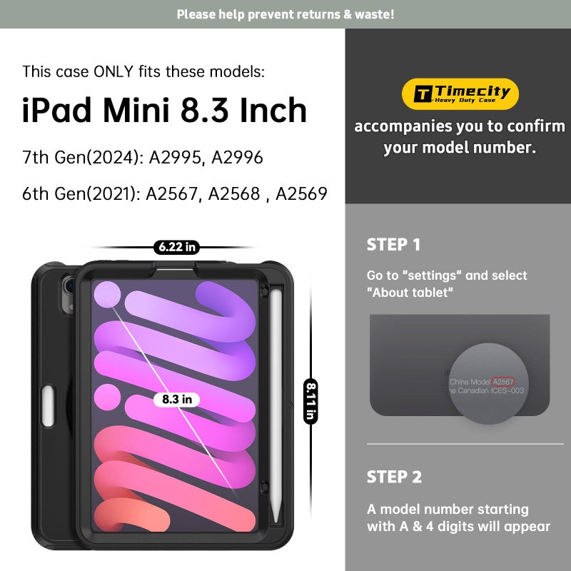Timecity Case for iPad mini 7 (A17 Pro) 2024/ Mini 6 8.3'' - Heavy Duty Protective Cover with Screen Protector, Rotating Stand, Shoulder Strap & Pencil Holder, Case for iPad mini 7th/6th Gen Black - Image 2