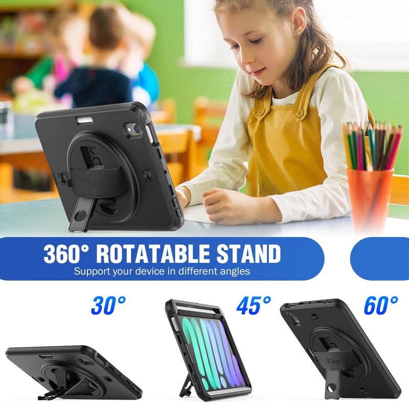 Timecity Case for iPad mini 7 (A17 Pro) 2024/ Mini 6 8.3'' - Heavy Duty Protective Cover with Screen Protector, Rotating Stand, Shoulder Strap & Pencil Holder, Case for iPad mini 7th/6th Gen Black - Image 4