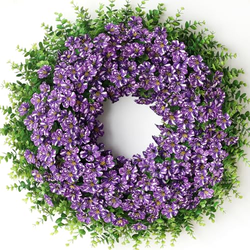 GLIDLION 26" Artificial Flower & Eucalyptus Wreath - Faux Starry Sky Morning Glory Flowers and Eucalyptus Leaves Wreath, Spring Summer Wreath for Wall Window Farmhouse Festival Party Decor (Purple) - Image 1