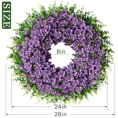 GLIDLION 26" Artificial Flower & Eucalyptus Wreath - Faux Starry Sky Morning Glory Flowers and Eucalyptus Leaves Wreath, Spring Summer Wreath for Wall Window Farmhouse Festival Party Decor (Purple) - Image 5