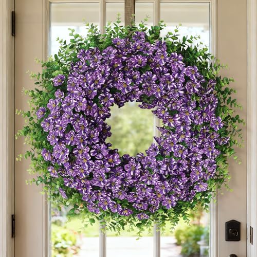GLIDLION 26" Artificial Flower & Eucalyptus Wreath - Faux Starry Sky Morning Glory Flowers and Eucalyptus Leaves Wreath, Spring Summer Wreath for Wall Window Farmhouse Festival Party Decor (Purple) - Image 4