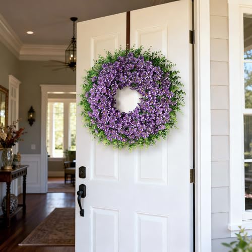 GLIDLION 26" Artificial Flower & Eucalyptus Wreath - Faux Starry Sky Morning Glory Flowers and Eucalyptus Leaves Wreath, Spring Summer Wreath for Wall Window Farmhouse Festival Party Decor (Purple) - Image 3