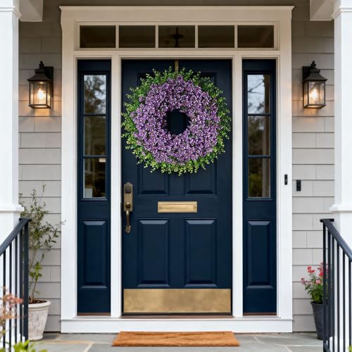 GLIDLION 26" Artificial Flower & Eucalyptus Wreath - Faux Starry Sky Morning Glory Flowers and Eucalyptus Leaves Wreath, Spring Summer Wreath for Wall Window Farmhouse Festival Party Decor (Purple) - Image 2