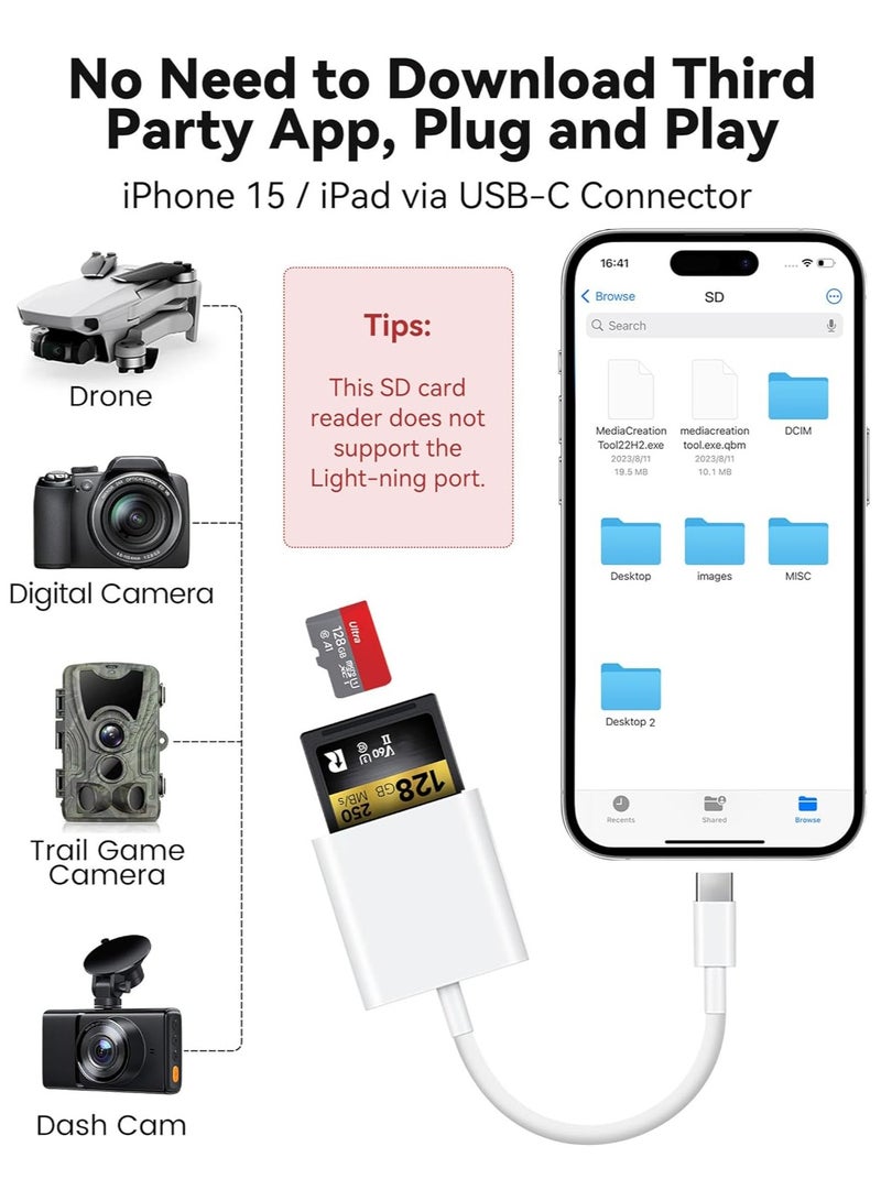 USB C SD Card Reader for iPhone 15/iPad/MacBook/Mac,  USB-C Type C SD Reader Supports SD and MicroSD Memory Card Adapter, Trail Camera Viewer Plug and Play  - Image 3