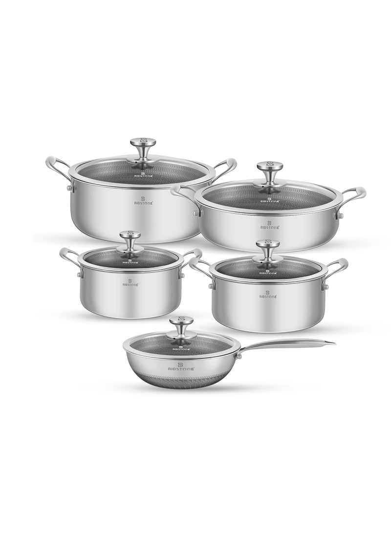 بيدستون طقم أواني طهي فاخر ١٠ قطع بطبقة خلايا النحل – طقم كاسرول من الستانلس ستيل ١٨/١٠ يشمل مقلاة ووك وقدر مسطح مع أغطية زجاجية، متوافق مع الغاز والحث المغناطيسي، مقابض وقاعدة مقاومة للحرارة، أساسيات المطبخ بتقنية سطح الطهي الفريدة. - Image 1