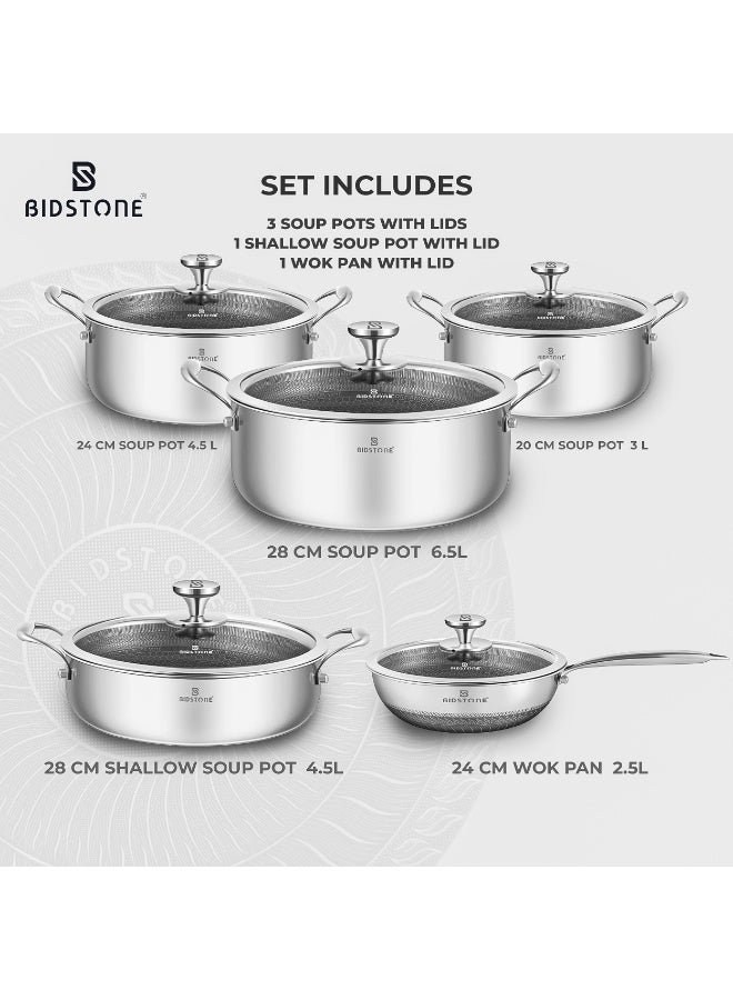 بيدستون طقم أواني طهي فاخر ١٠ قطع بطبقة خلايا النحل – طقم كاسرول من الستانلس ستيل ١٨/١٠ يشمل مقلاة ووك وقدر مسطح مع أغطية زجاجية، متوافق مع الغاز والحث المغناطيسي، مقابض وقاعدة مقاومة للحرارة، أساسيات المطبخ بتقنية سطح الطهي الفريدة. - Image 2