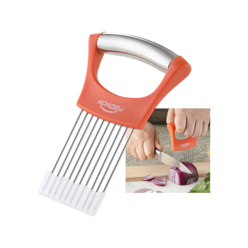 Onion Slicer Holder MONGSEW Stainless Steel Onion Cutter for Slicing and Storage of Onions Avocados Eggs Dishwasher Safe Protective Cover Included Stylish Orange