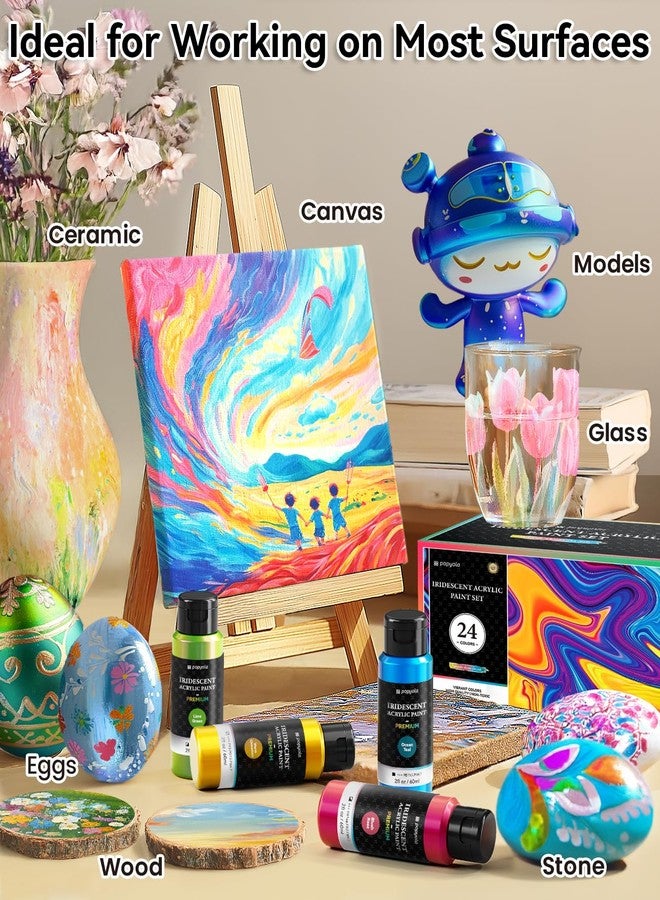 POPYOLA 40 PCS Iridescent Acrylic Paint Set with 12 Brushes, 2 Knives, Palette and Sponge, 24 Colors (60ml, 2oz) Art Craft Color-Shifting Paints Gifts for Adults Kids Beginners, Halloween Pumpkin Painting Kit - Image 4