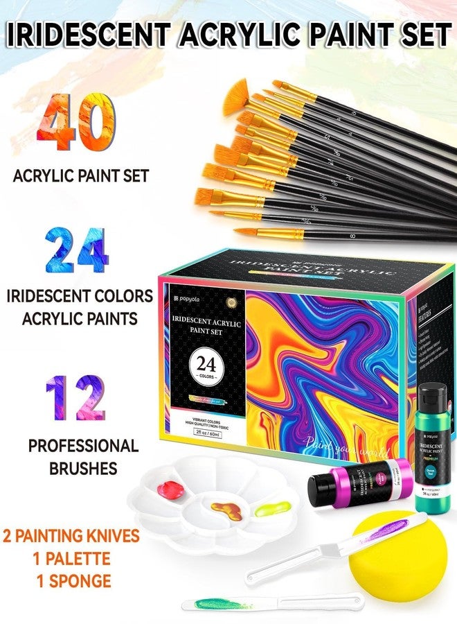 POPYOLA 40 PCS Iridescent Acrylic Paint Set with 12 Brushes, 2 Knives, Palette and Sponge, 24 Colors (60ml, 2oz) Art Craft Color-Shifting Paints Gifts for Adults Kids Beginners, Halloween Pumpkin Painting Kit - Image 2