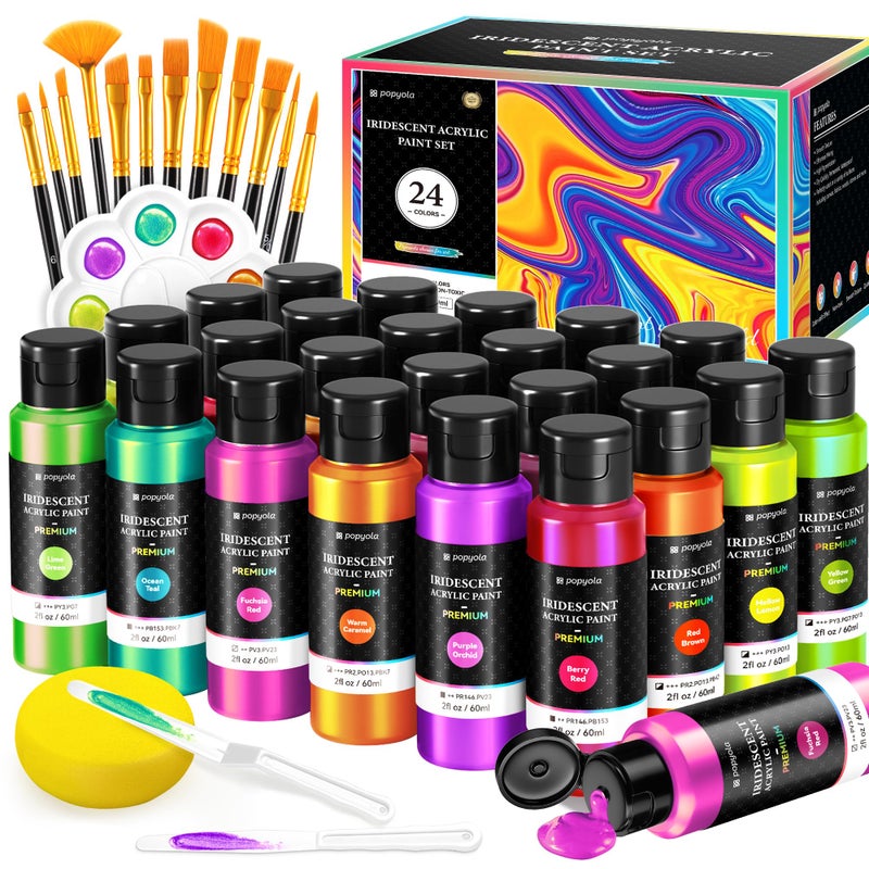 POPYOLA 40 PCS Iridescent Acrylic Paint Set with 12 Brushes, 2 Knives, Palette and Sponge, 24 Colors (60ml, 2oz) Art Craft Color-Shifting Paints Gifts for Adults Kids Beginners, Halloween Pumpkin Painting Kit - Image 1