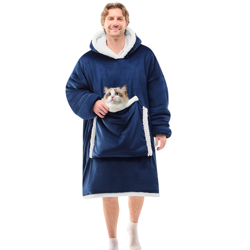 JOYWOO Navy Oversized Wearable Blanket Hoodie,Cat lovers Long Hoodie Blanket for Adult,Birthday Gifts for Women Men Mom,Cozy Fuzzy Sherpa Fleece Sweatshirt Hooded Blanket Giant Pocket Gifts,Oversize - Image 1