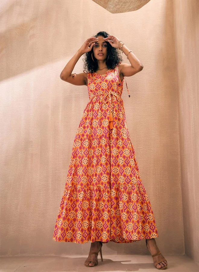 SASSAFRAS Belted Tiered Maxi Dress for Women
