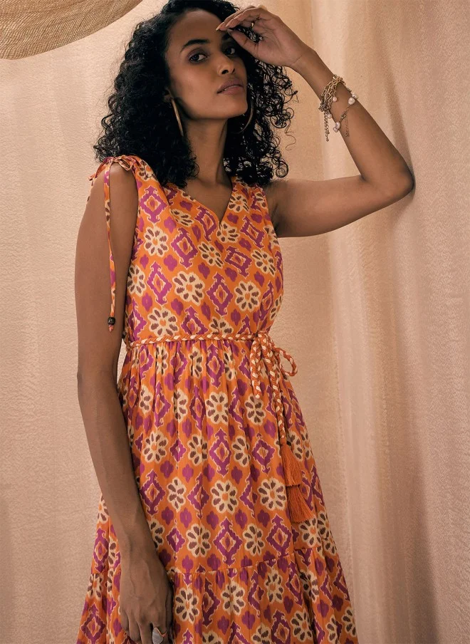 SASSAFRAS Belted Tiered Maxi Dress for Women