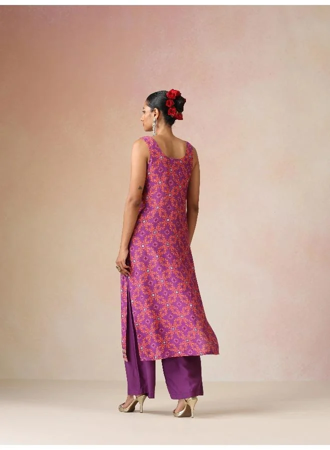 trueBrowns trueBrowns Purple Orange Jaal Print Viscose Sleeveless Straight Kurta Set