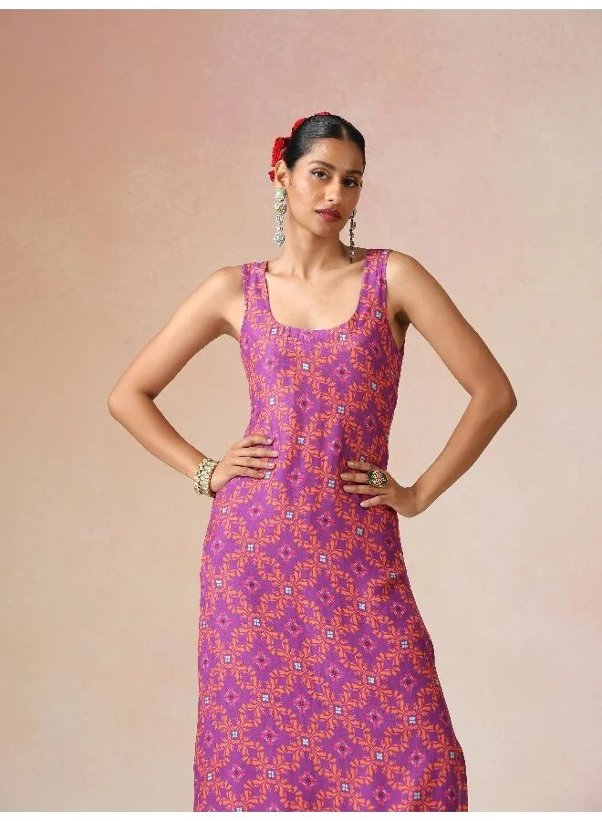 trueBrowns trueBrowns Purple Orange Jaal Print Viscose Sleeveless Straight Kurta Set