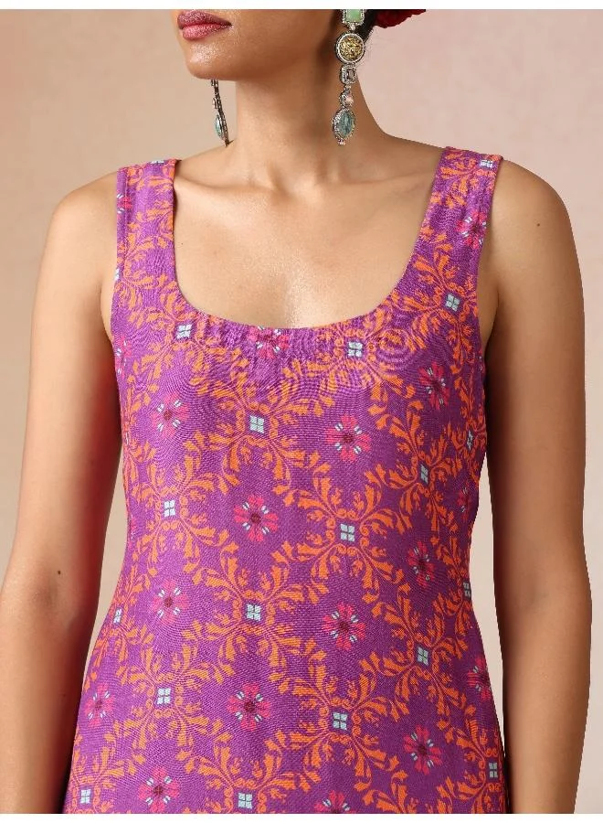 trueBrowns trueBrowns Purple Orange Jaal Print Viscose Sleeveless Straight Kurta Set
