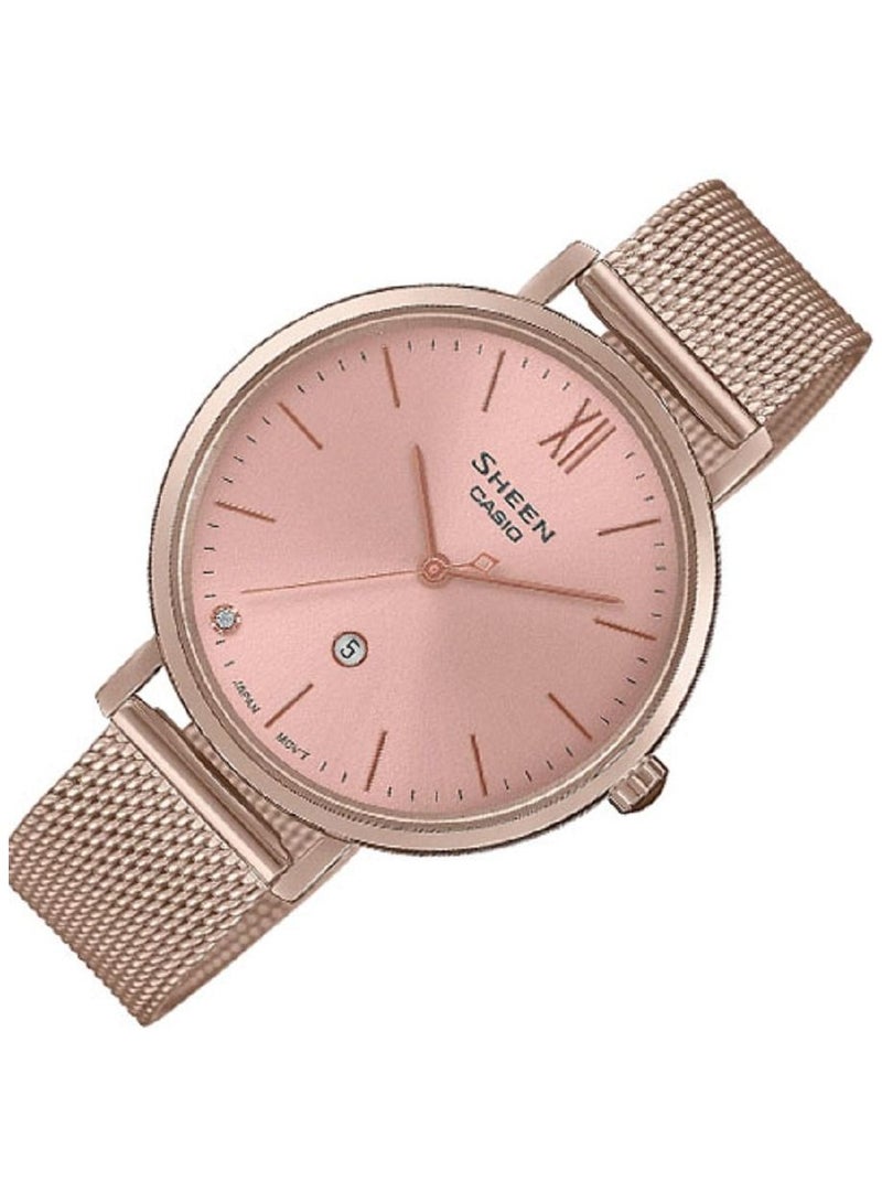 Casio Women Watch Sheen Analog Sapphire Crystal Peach Gold Color Dial Peach Gold Ion Plated Band and Case Stainless Steel Mesh Band SHE-4539CM-4AUD - Image 2