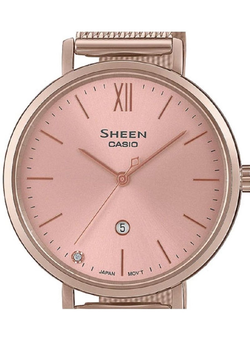 Casio Women Watch Sheen Analog Sapphire Crystal Peach Gold Color Dial Peach Gold Ion Plated Band and Case Stainless Steel Mesh Band SHE-4539CM-4AUD - Image 3