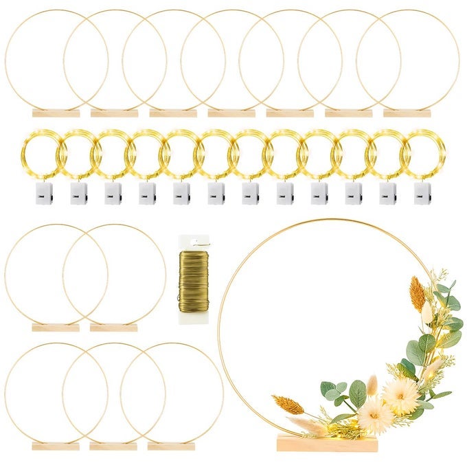 12 PACK FLORAL HOOP WITH STAND AND LED FAIRY LIGHTS 14 INCH METAL RINGS FOR DIY CENTERPIECE TABLE DECORATIONS CRAFTS MACRAME RINGS HOOP WREATH DREAM CATCHER RINGS WEDDING CHRISTMAS WREATHS GOLD
