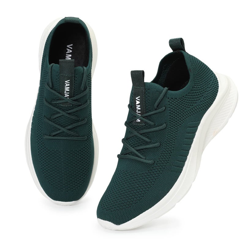 VAMJAM Mens Running Shoes Fashion Sneakers Lightweight Breathable Flying Knitting Lace Up Mesh Walking Shoes Workout Casual Sports Shoes Dark Green Size 14