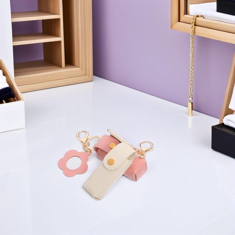 2pcs Portable Lipstick Keychain Case with Mirror Pu Mini Lip Gloss Holder Bag for Women Travel Makeup Organizer Pouch in Pink and Beige - Image 5