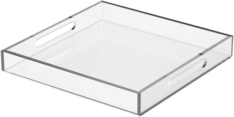 NIUBEE Acrylic Serving Tray 10x10 Inches -Spill Proof- Clear Decorative Tray Organiser for Ottoman Coffee Table Countertop with Handles - Image 1
