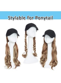 SEGO Baseball Cap With Hair Extensions For Women Adjustable Hat With Hair Attached Synthetic Long Wavy Wig With Black Hat Stylable For Pigtail Ponytail 16 Inch 290G Light Brown&Ash Blonde  - Image 2