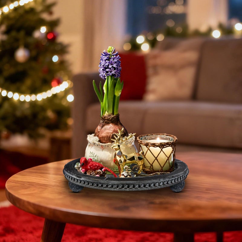 CEDARLUX Candle Plate Hold Tray, Sage Round Trays, Wooden Decorative Tray for Coffee Table Decor, Beaded Edge Wood Tray Riser for Living Room Table, Mug Display Decorative, Table Centerpiece, Rustic Green - Image 2
