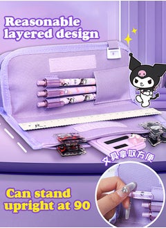 Sanrio Large Capacity Pencil Case, 5 Compartment Pouch Pen Bag with Zip,  Kawaii Stationery  Storage Organizer with  Pen Slots, Marker Pouch Pen for Middle School Office College  (Purple)  - Image 4