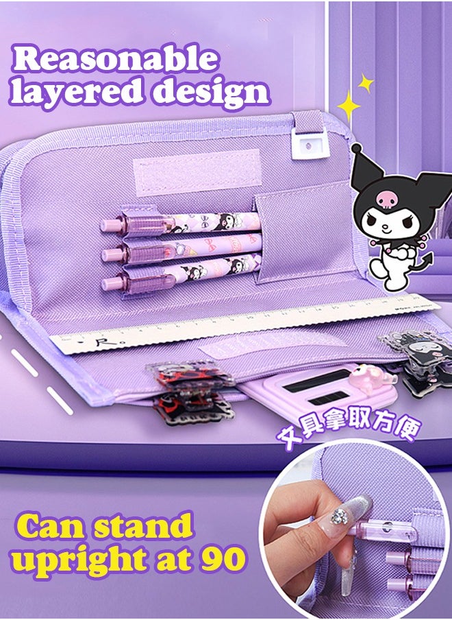 Sanrio Large Capacity Pencil Case, 5 Compartment Pouch Pen Bag with Zip,  Kawaii Stationery  Storage Organizer with  Pen Slots, Marker Pouch Pen for Middle School Office College  (Purple)  - Image 4