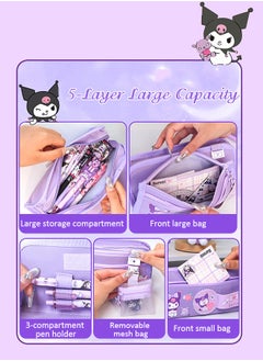 Sanrio Large Capacity Pencil Case, 5 Compartment Pouch Pen Bag with Zip,  Kawaii Stationery  Storage Organizer with  Pen Slots, Marker Pouch Pen for Middle School Office College  (Purple)  - Image 2