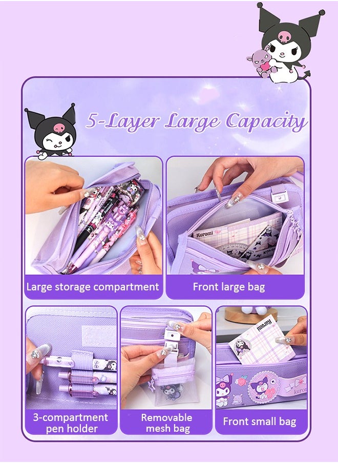 Sanrio Large Capacity Pencil Case, 5 Compartment Pouch Pen Bag with Zip,  Kawaii Stationery  Storage Organizer with  Pen Slots, Marker Pouch Pen for Middle School Office College  (Purple)  - Image 2