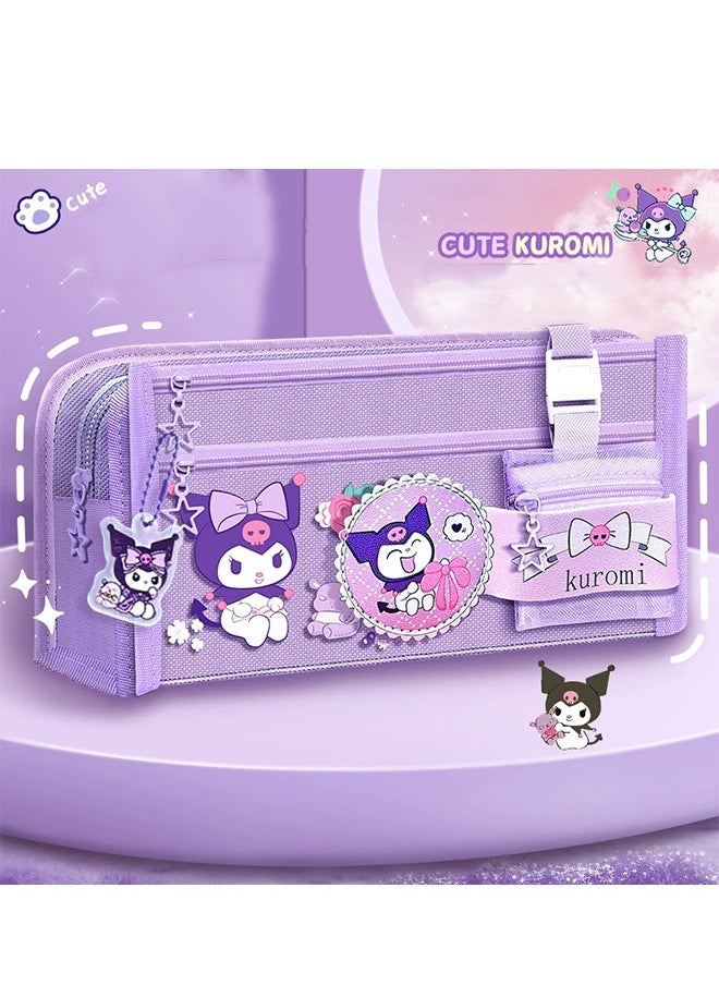 Sanrio Large Capacity Pencil Case, 5 Compartment Pouch Pen Bag with Zip,  Kawaii Stationery  Storage Organizer with  Pen Slots, Marker Pouch Pen for Middle School Office College  (Purple)  - Image 5